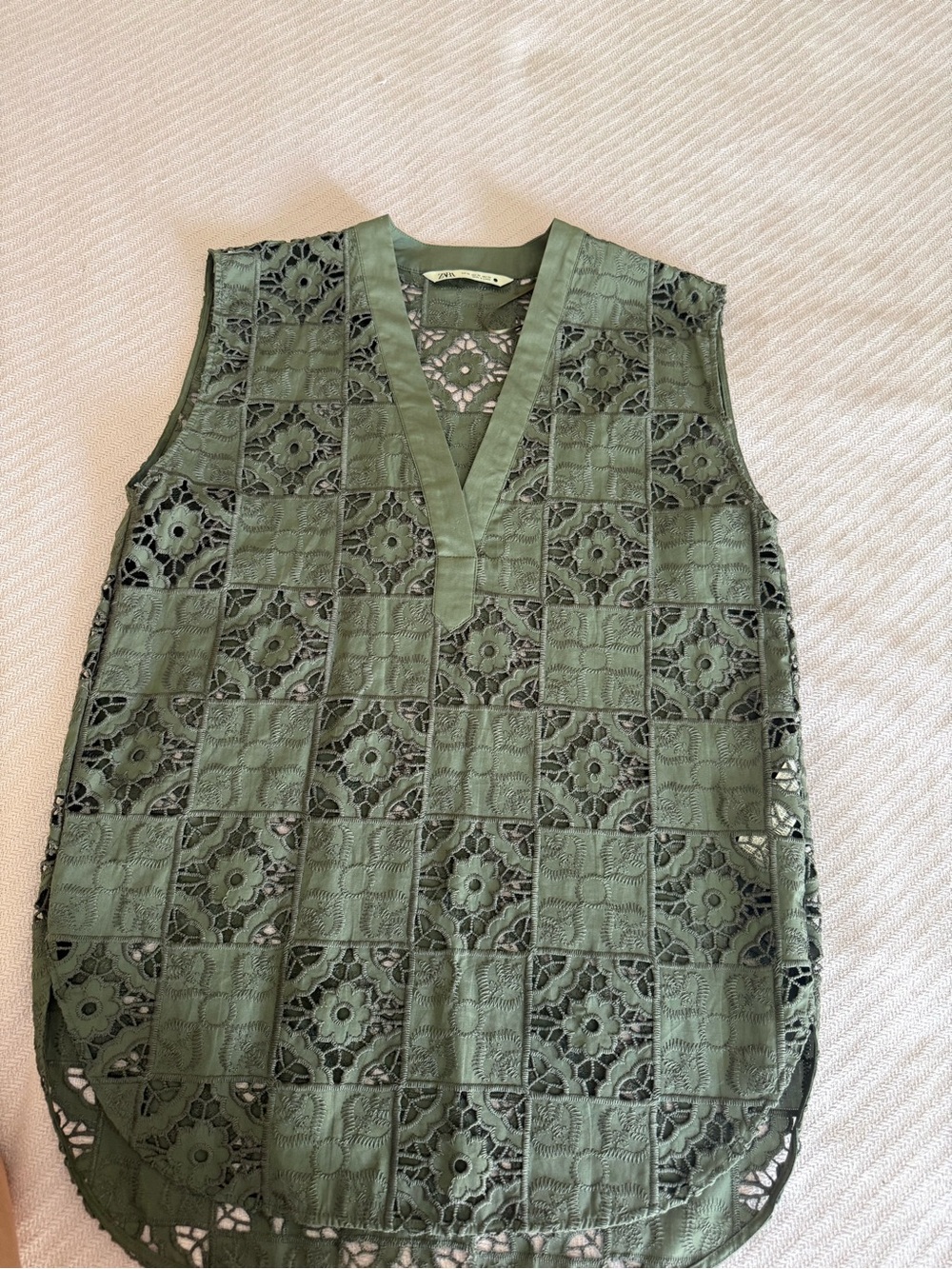 Zara Olive Crochet Patchwork Sleeveless Tunic